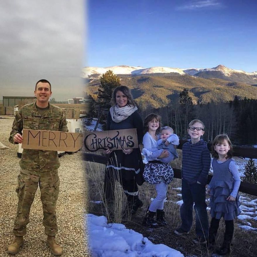 FILE - In this undated file photo montage, Brandon Sistrunk, left, poses in southwest Asia and his wife, Ashley, and kids pose in Colorado Springs, Colo. After seeing her friends' family Christmas photos, Ashley, wanted to make sure Brandon was included in theirs. So, she had Brandon take a photo on base. After putting the pictures together digitally, she had her family Christmas photo. Brandon Sistrunk returned home to Colorado on Feb. 1, 2017. (Courtesy of Ashley Sistrunk via AP, File)