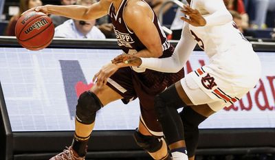 Mississippi State guard Dominique Dillingham (00) dribbles around Auburn guard Janiah McKay, right, during the first half of an NCAA college basketball game, Thursday, Feb. 2, 2017, in Auburn, Ala. (AP Photo/Butch Dill)