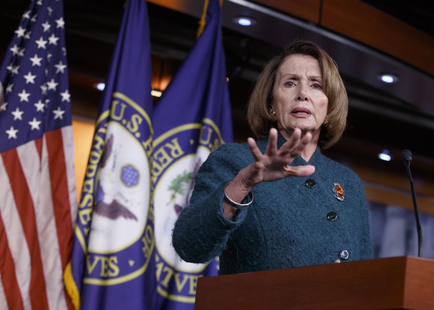 House Minority Leader Nancy Pelosi of Calif. responds to questions about President Donald Trump's actions and agenda, during a news conference on Capitol Hill in Washington, Thursday, Feb. 2, 2017. (AP Photo/J. Scott Applewhite)