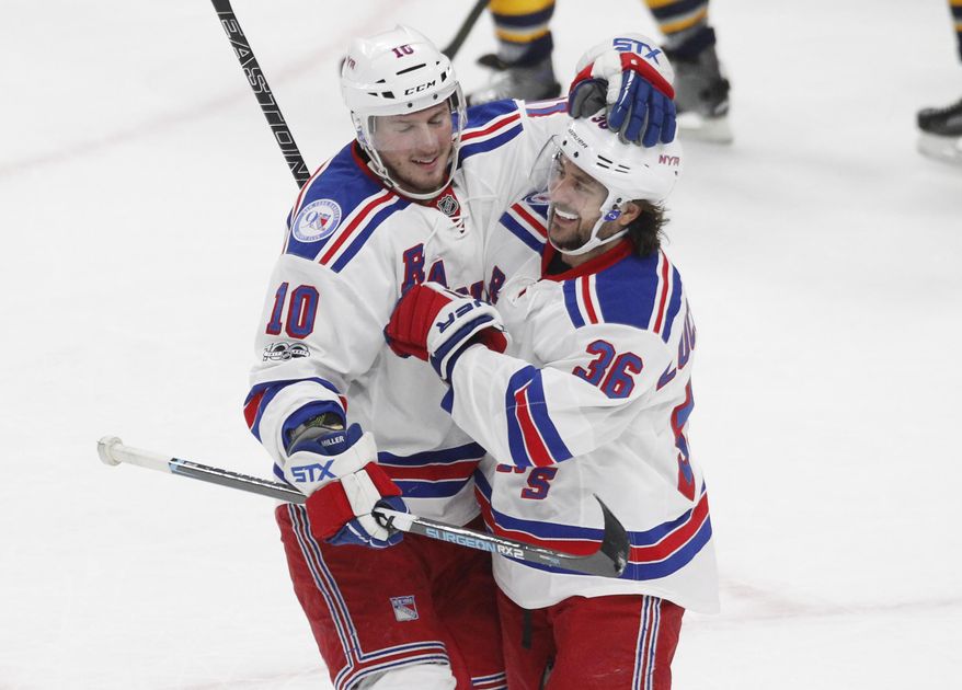 New York Rangers J.T. Miller (10) and Mats Zuccarello (36) celebrate a goal during the second period of an NHL hockey game against the Buffalo Sabres, Thursday, Feb. 2, 2017, in Buffalo, N.Y. (AP Photo/Jeffrey T. Barnes)
