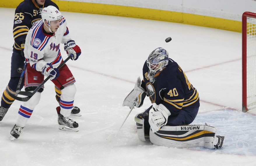 Buffalo Sabres goalie Robin Lehner (40) makes a save against New York Rangers forward Jesper Fast (19) during the second period of an NHL hockey game, Thursday, Feb. 2, 2017, in Buffalo, N.Y. (AP Photo/Jeffrey T. Barnes)