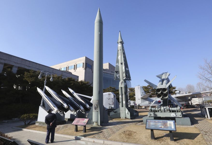 A mock North Korea's Scud-B missile, center left, and South Korean missiles are displayed at Korea War Memorial Museum in Seoul, South Korea, Thursday, Feb. 2, 2017. In his first public remarks abroad as U.S. defense secretary, Jim Mattis is criticizing North Korea for provocative acts that require new consultations with Japan and South Korea. (AP Photo/Ahn Young-joon)