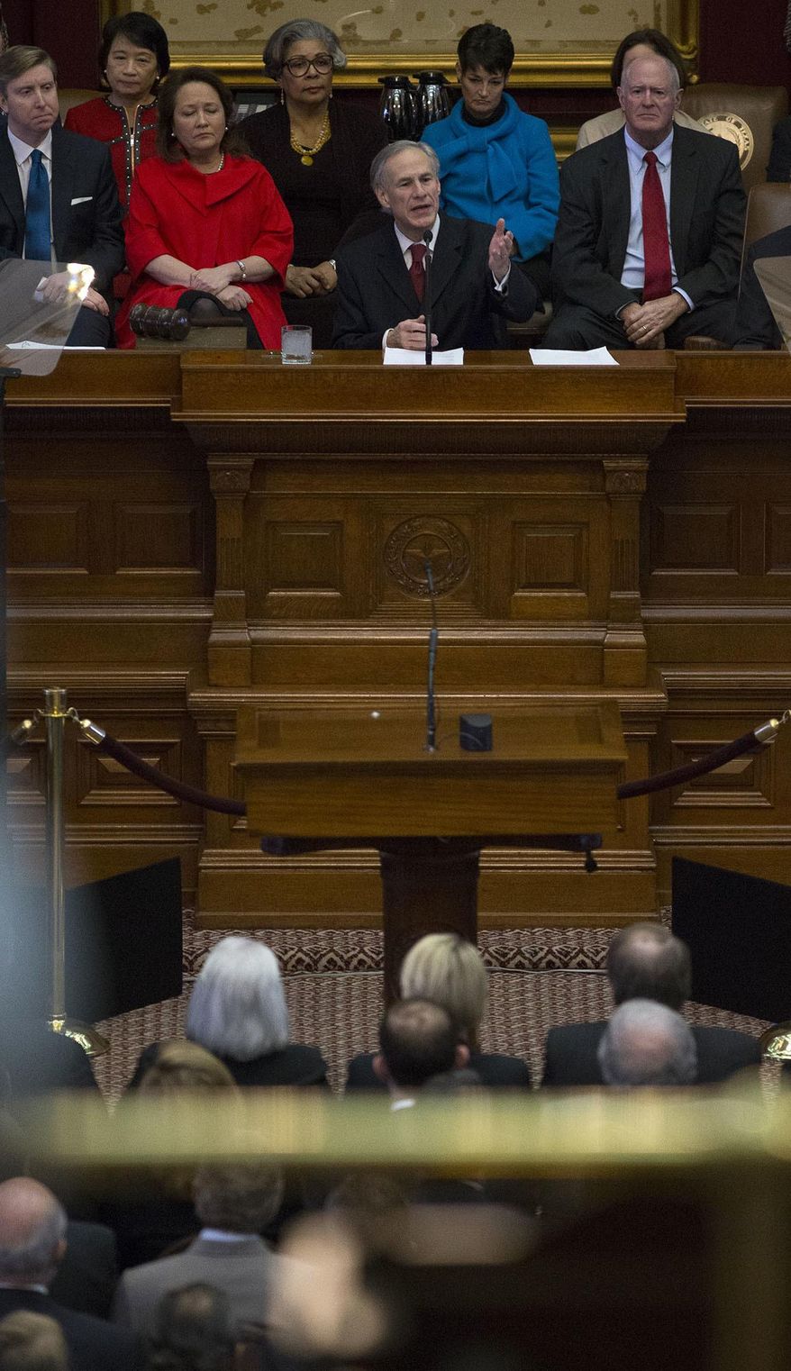 Texas Gov. Greg Abbott delivers his State of the State address to a joint session of the House and Senate, Tuesday, Jan. 31, 2017, at the Texas Capitol in Austin, Texas. (AP Photo/Stephen Spillman)