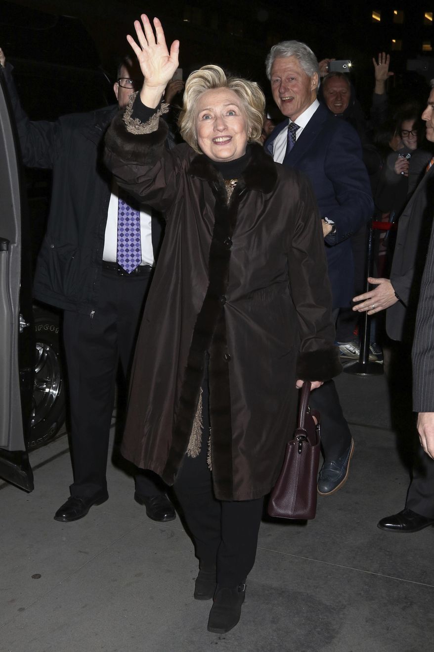 Former Secretary of State Hillary Clinton and former President Bill Clinton attend the Broadway a cappella musical "In Transit", at Circle in the Square Theatre, on Wednesday, Feb.1, 2017, in New York. (Photo by Greg Allen/Invision/AP)