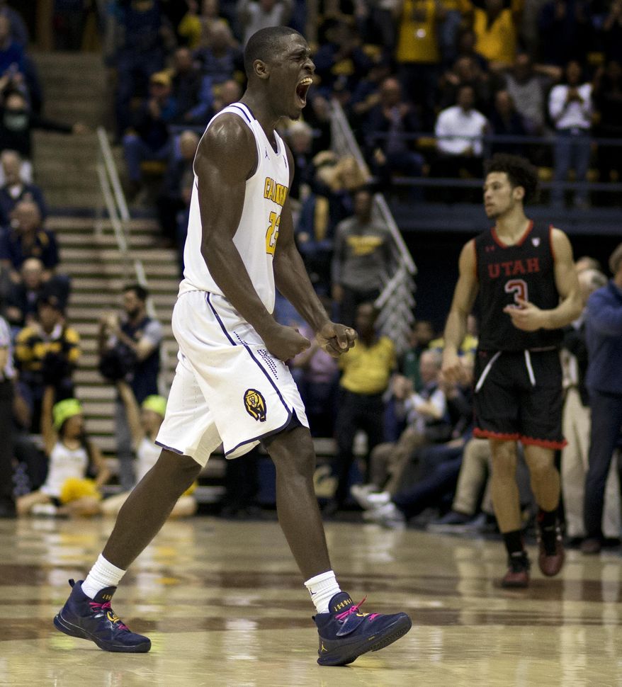 California's Jabari Bird, left, celebrates a score against Utah in the second half of an NCAA college basketball game Thursday, Feb. 2, 2017, in Berkeley, Calif. (AP Photo/Ben Margot)