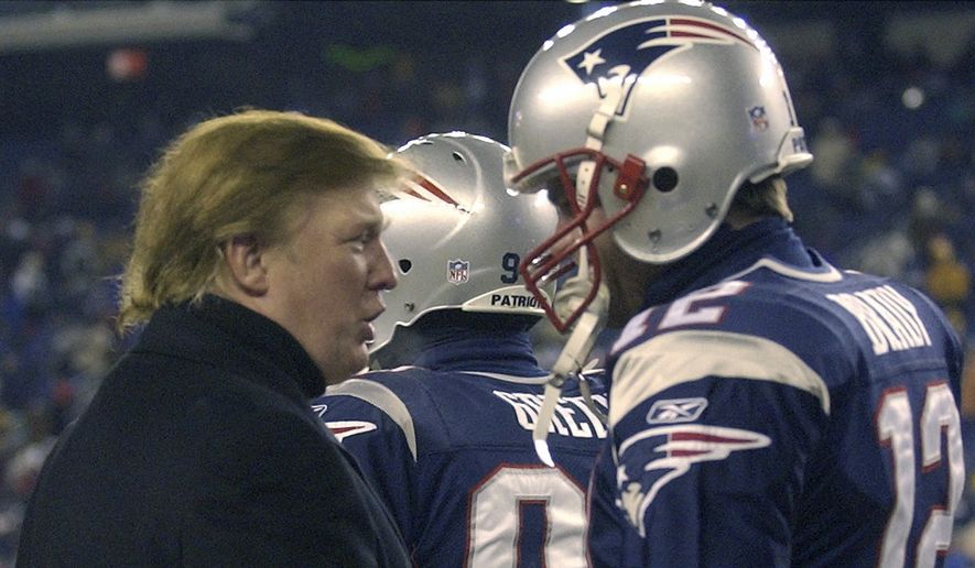Donald Trump, left, stops to talk to New England Patriots quarterback Tom Brady prior to the start of the game at Gillette Stadium, Saturday, Jan. 10, 2004, in Foxborough, Mass., where the Patriots will play the Tennessee Titans in a AFC divisional playoff game. (AP Photo/Elise Amendola) **FILE**