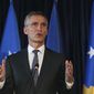 NATO Secretary General Jens Stoltenberg gestures during a press conference in Kosovo&#39;s capital Pristina on Friday, Jan. 3, 2017. NATO Secretary General Jens Stoltenberg has joined the international community calling on Kosovo and Serbia to normalize their ties. Stoltenberg on Friday is a one-day visit to Kosovo where he meet with local senior officials. (AP Photo/Visar Kryeziu)