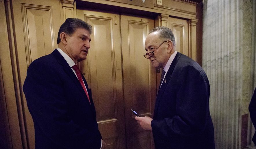 Sen. Joe Manchin, D-W.Va., left, and Senate Minority Leader Charles Schumer of N.Y., depart Capitol Hill in Washington, Friday, Feb. 3, 2017, after lawmakers gathered for a predawn vote to advance the nomination of Education Secretary-designate Betsy DeVos. (AP Photo/J. Scott Applewhite) **FILE**