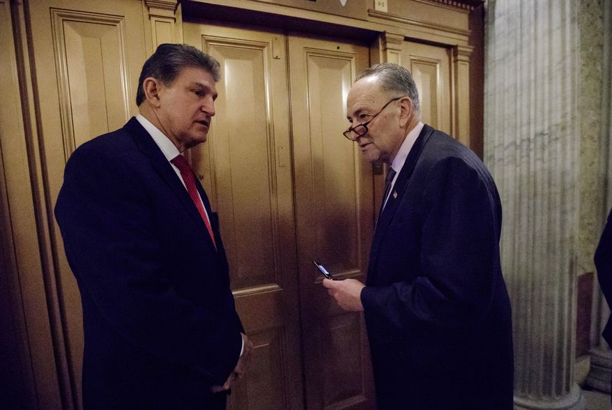 Sen. Joe Manchin, D-W.Va., left, and Senate Minority Leader Charles Schumer of N.Y., depart Capitol Hill in Washington, Friday, Feb. 3, 2017, after lawmakers gathered for a predawn vote to advance the nomination of Education Secretary-designate Betsy DeVos. (AP Photo/J. Scott Applewhite) **FILE**