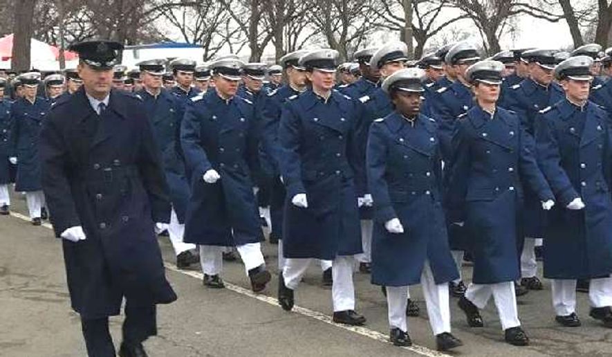 U.S. Air Force Academy at the 2017 Inaugural Day parade. Cadets are not in sync.