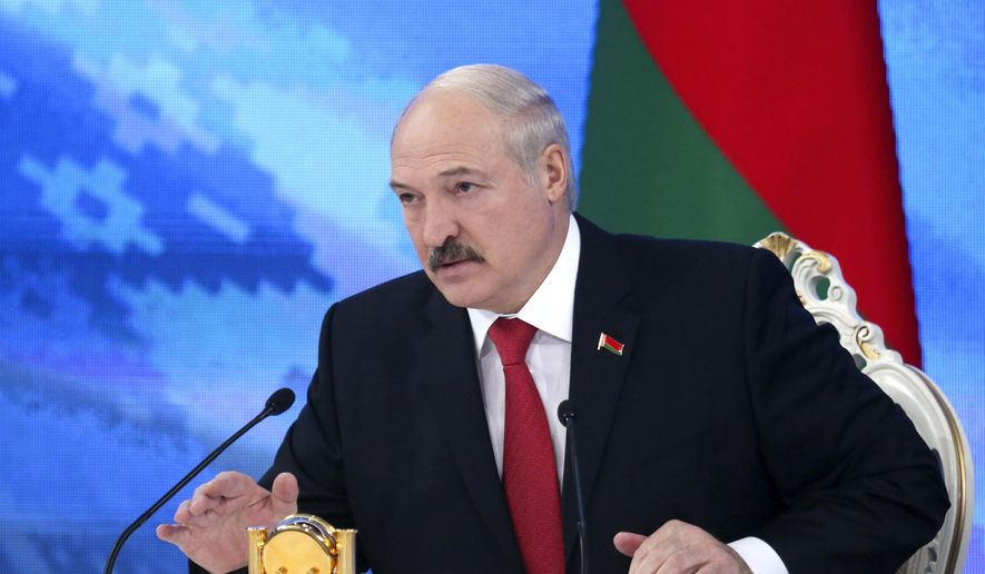 Belarus&#39;s President Alexander Lukashenko speaks during a briefing in Minsk, Belarus, Friday, Feb. 3, 2017.  In a televised broadcast on Friday, Lukashenko asked the country&#39;s interior minister to press charges against Russia&#39;s top food safety official, alleging charges of &amp;quot;damaging the state&amp;quot; because Russia stopped the import of Belarusian products due to quality issues and suspicions that Belarus resells EU-made dairy products that are banned in Russia.  The Kremlin responded to the outburst, listing the loans and reduced taxes that Russia gave to Belarus.  (Maxim Guchek/BelTA Pool Photo via AP) **FILE**