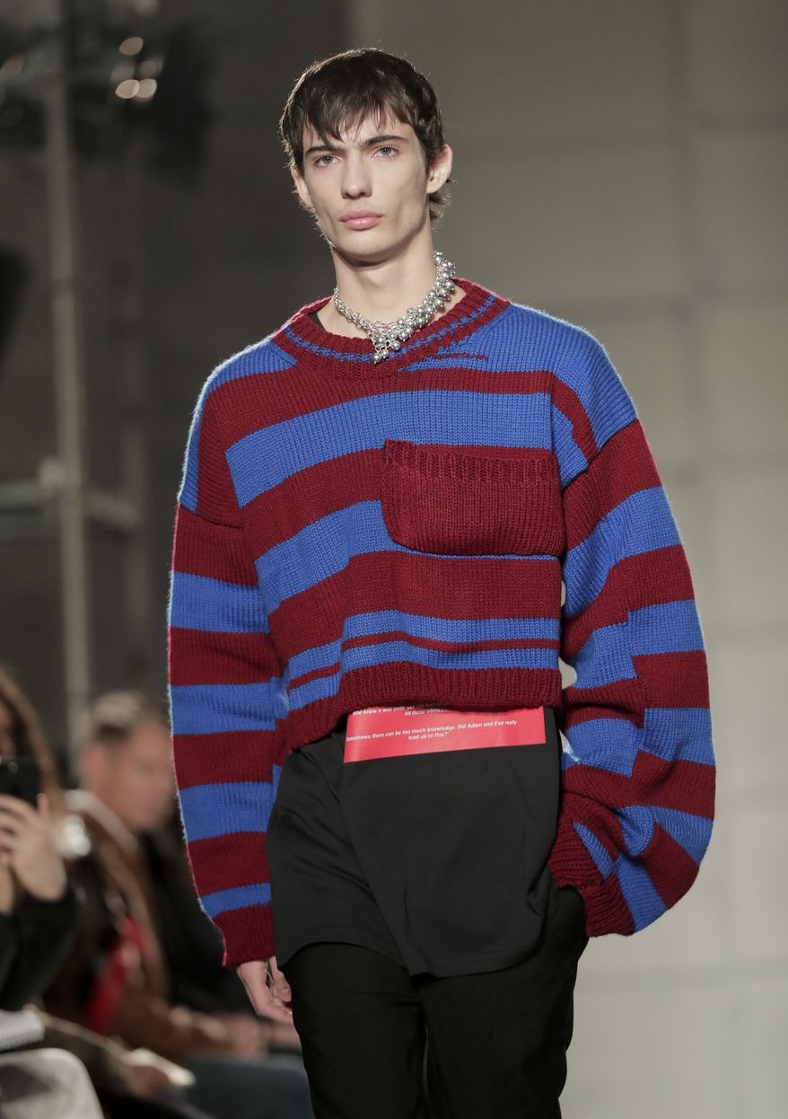 The Raf Simons men's collection is modeled during Men's Fashion Week, Wednesday, Feb. 1, 2017, in New York. (AP Photo/Julie Jacobson)