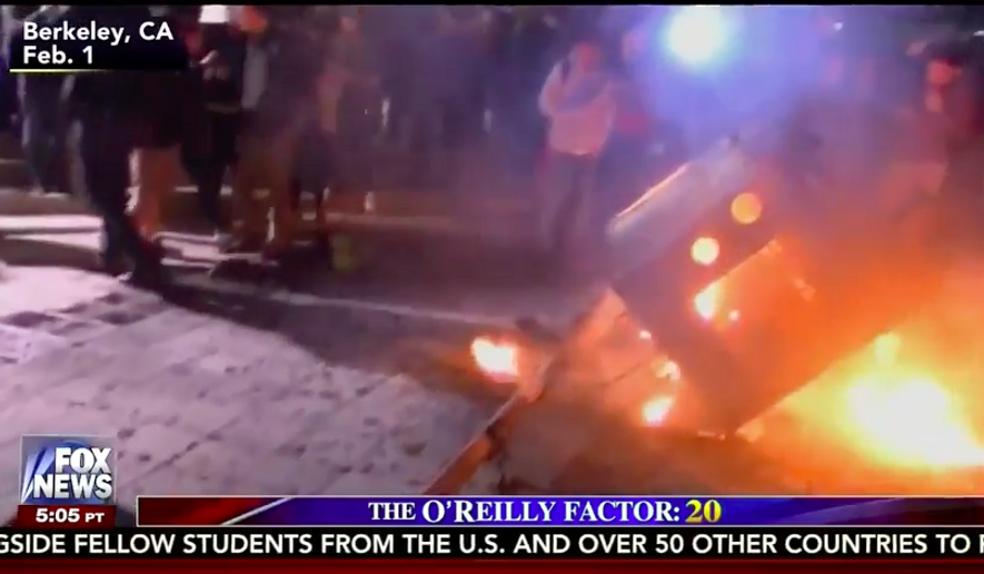 A still image from the Feb. 3, 2017 edition of &quot;The O&#x27;Reilly Factor&quot; on Fox News Channel showing damage from a Feb. 1 riot at the University of California, Berkeley. (YouTube)