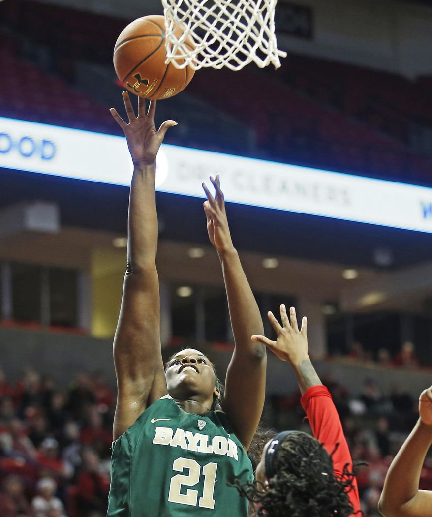 Baylor's Kalani Brown (21) lays up the ball during an NCAA basketball game against Texas Tech, Saturday, Feb. 4, 2017, in Lubbock, Texas. (AP Photo/Brad Tollefson)
