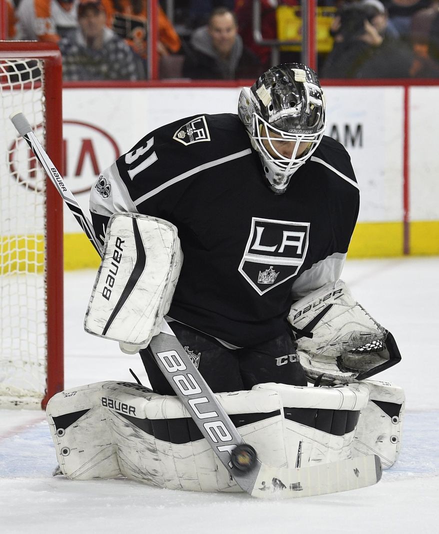 Los Angeles Kings goalie Peter Budaj makes a save during the second period of an NHL hockey game against the Philadelphia Flyers, Saturday, Feb. 4, 2017, in Philadelphia. (AP Photo/Derik Hamilton)