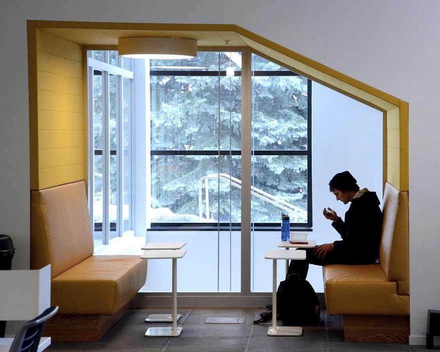 FOR RELEASE SATURDAY, FEBRUARY 4, 2017, AT 12:01 A.M. MST.- This photo taken Jan. 30, 2017, shows one of several bright but quiet spaces in the IRIC at the University of Idaho that are conducive to small group or solo study. Researchers at the University of Idaho's new Integrated Research and Innovation Center are developing video games that evolve in response to a player's decisions. (Barry Kough /Lewiston Tribune via AP)