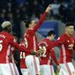 Manchester United&#x27;s Zlatan Ibrahimovic, center, celebrates with teammates after scoring his side&#x27;s second goal during the English Premier League soccer match between Leicester City and Manchester United at the King Power Stadium in Leicester, England, Sunday, Feb. 5, 2017. (AP Photo/Rui Vieira)