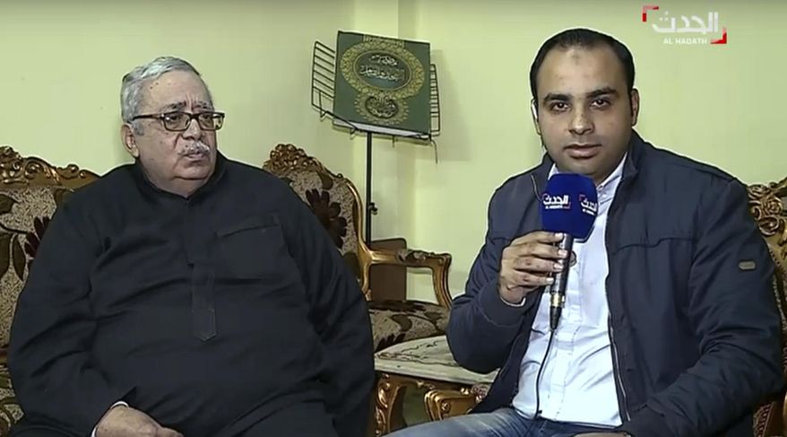 In this still image made from video provided by the Dubai-based news channel al-Hadath, the father of the alleged Louvre attacker, Egyptian-born Abdullah Reda Refaie al-Hamahmy, 28, Reda Refae al-Hamahmy, left, gives an interview to al-Hadath, in his Nile Delta home, aired Saturday, Feb. 4, 2017, in which he said he was shocked to learn of his son's alleged involvement. "All I want is to know the truth and find out whether he is dead or alive," the father said. "I am desperate to know whether he is dead or alive."