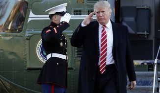 President Donald Trump salutes a Marines honor guard as he disembarks from Marine One upon arrival at the White House in Washington, Monday, Feb. 6, 2017, from a trip to Florida. (AP Photo/Manuel Balce Ceneta)