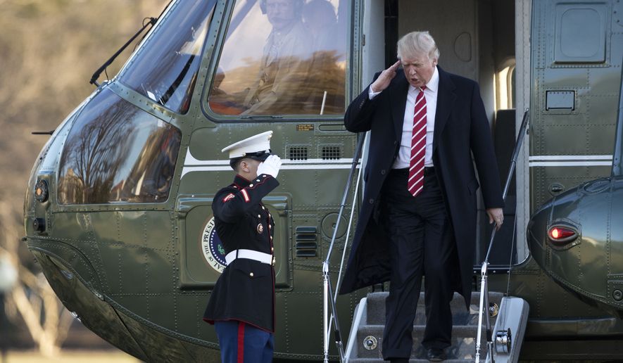 President Donald Trump salutes a Marines honor guard as he disembarks from Marine One upon arrival at the White House in Washington, Monday, Feb. 6, 2017 from a trip to Florida. (AP Photo/Manuel Balce Ceneta)
