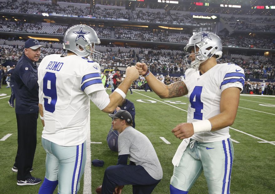 FILE - In this Jan. 15, 2017, file photo, Dallas Cowboys&#39; Tony Romo talks to Dak Prescott before an NFL divisional playoff football game against the Green Bay Packers Sunday, Jan. 15, 2017, in Arlington, Texas. Now that NFL Offensive Rookie of the Year Prescott is entrenched as the starting quarterback for the Cowboys, it will be fascinating to see what happens with his predecessor, Romo. (AP Photo/Michael Ainsworth, File)