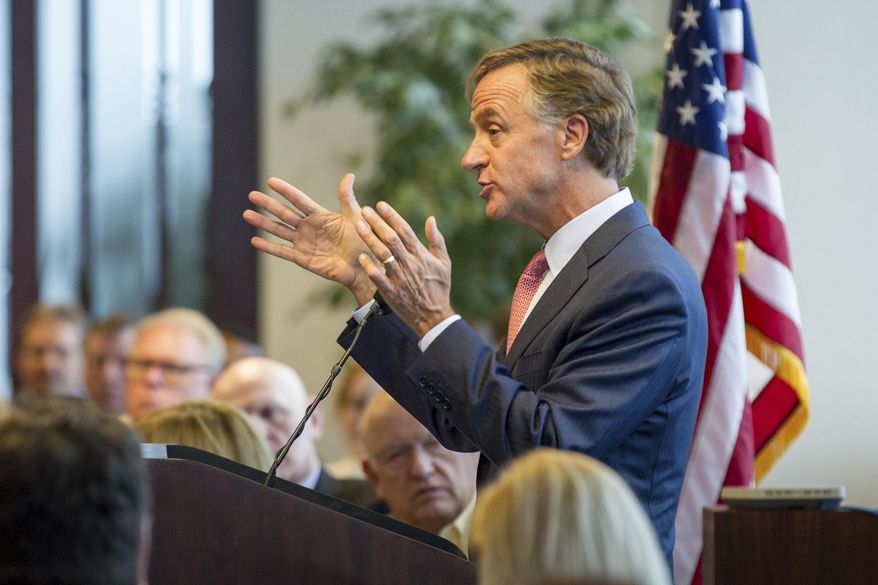 Gov. Bill Haslam speaks to a Republican gathering in Nashville, Tenn., on Monday, Feb. 6, 2017. Haslam announced that Tennessee has been sued for a new rule requiring major out-of-state online retailers to collect sales taxes on items purchased in the state. (AP Photo/Erik Schelzig)