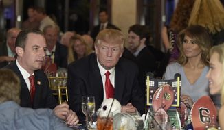 President Donald Trump, center, first lady Melania Trump, second from right, and White House Chief of Staff Reince Priebus attend a Super Bowl party at Trump International Golf Club in West Palm Beach, Fla., Sunday, Feb. 5, 2017. (AP Photo/Susan Walsh)