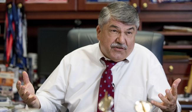 In this Feb. 1, 2016, photo, AFL-CIO President Richard Trumka speaks during an interview with The Associated Press in Washington. (AP Photo/Andrew Harnik) ** FILE **