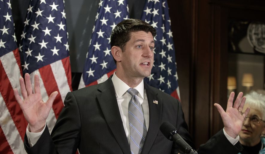 House Speaker Paul Ryan of Wis. meets with reporters on Capitol Hill in Washington, Tuesday, Feb. 7, 2017, following GOP strategy session at the Republican National Committee offices. (AP Photo/J. Scott Applewhite)