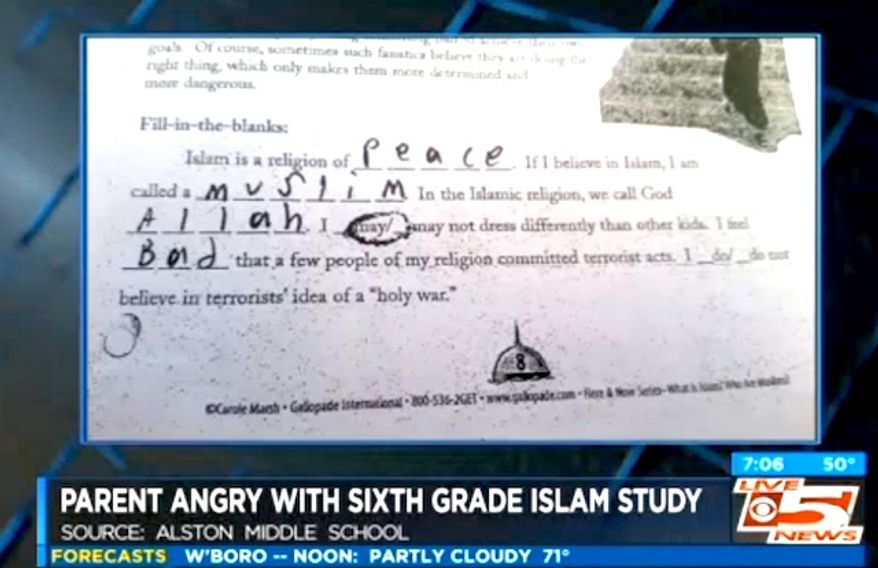 Students at Alston Middle School in Summerville, South Carolina, were given a worksheet that required them to learn the five pillars of Islam. (CBS-5 South Carolina screenshot)