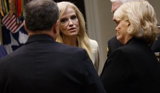 Kellyanne Conway, senior adviser to President Donald Trump, arrives for a meeting with county sheriffs in the Roosevelt Room of the White House in Washington, Tuesday, Feb. 7, 2017. (AP Photo/Evan Vucci)