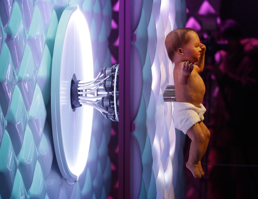 Animatronic baby London 2016, a mechanical human baby with an electronic umbilical cord is displayed, during a press preview for the Robot exhibition held at the Science Museum in London, Tuesday, Feb. 7, 2017. The exhibition which shows 500 years of mechanical and robotic advances is open to the public form Feb. 8 through to Sept. 3. (AP Photo/Alastair Grant)