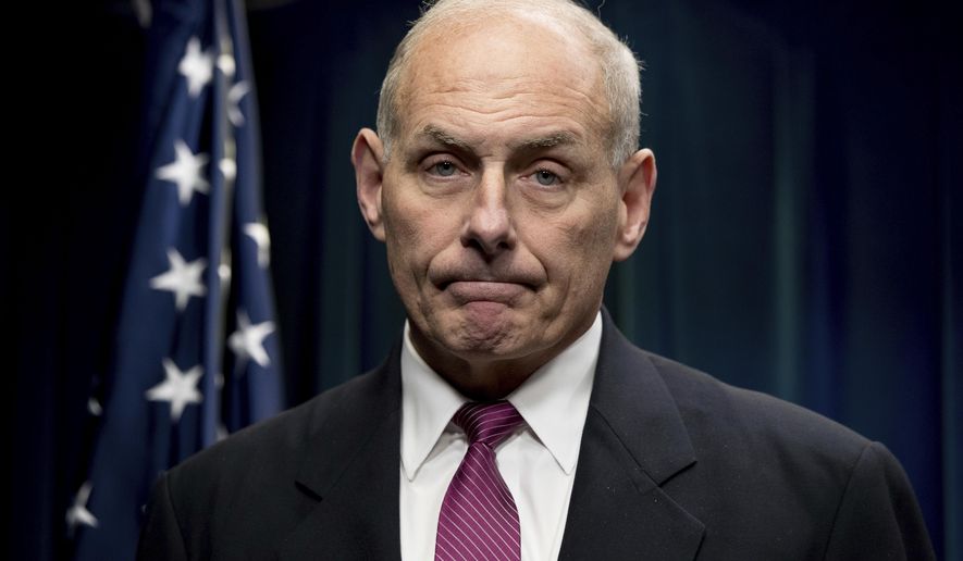 FILE - in this Jan. 31, 2017, file photo, Homeland Security Secretary John Kelly pauses while speaking at a news conference at the U.S. Customs and Border Protection headquarters in Washington. Kelly is heading to Capitol Hill for his first public appearance before lawmakers, who are sure to press him for details about the Trump administration’s contentious rollout of a travel and refugee ban. (AP Photo/Andrew Harnik, File)