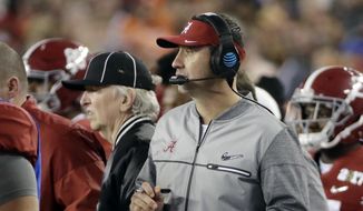 FILE - In this Jan. 9, 2017 file photo, Alabama offensive coordinator Steve Sarkisian stands on the sidelines during the second half of the NCAA college football playoff championship game against Clemson in Tampa, Fla. The Atlanta Falcons have hired Sarkisian as their new offensive coordinator. The move was announced Tuesday, Feb. 7 less than 24 hours after Kyle Shanahan left to become head coach of SF 49ers.  (AP Photo/David J. Phillip, File) **FILE**