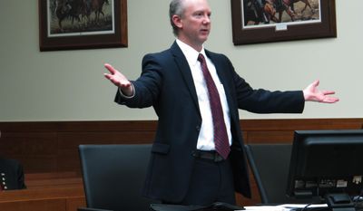 Defense attorney Robert Essex argues against a request by prosecutors to bring his client, Charles Hays, to trial for the 1972 nonfatal shooting of a Columbus police officer, on Tuesday, Feb. 7, 2017, in Columbus, Ohio. Essex said the state violated Hays rights to a speedy trial by letting almost 45 years pass before moving forward with the case. Essex also said Hays is in poor health and might not be able to stand the rigors of a trial. (AP Photo/Andrew Welsh-Huggins)