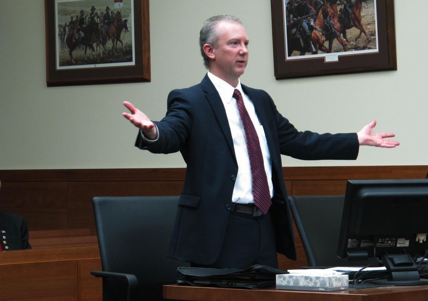 Defense attorney Robert Essex argues against a request by prosecutors to bring his client, Charles Hays, to trial for the 1972 nonfatal shooting of a Columbus police officer, on Tuesday, Feb. 7, 2017, in Columbus, Ohio. Essex said the state violated Hays rights to a speedy trial by letting almost 45 years pass before moving forward with the case. Essex also said Hays is in poor health and might not be able to stand the rigors of a trial. (AP Photo/Andrew Welsh-Huggins)