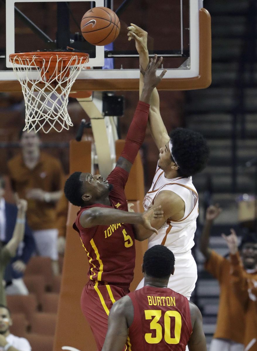 Texas forward Jarrett Allen (31) shoots over Iowa State forward Merrill Holden (5) during the first half of an NCAA college basketball game, Tuesday, Feb. 7, 2017, in Texas, Texas. (AP Photo/Eric Gay)