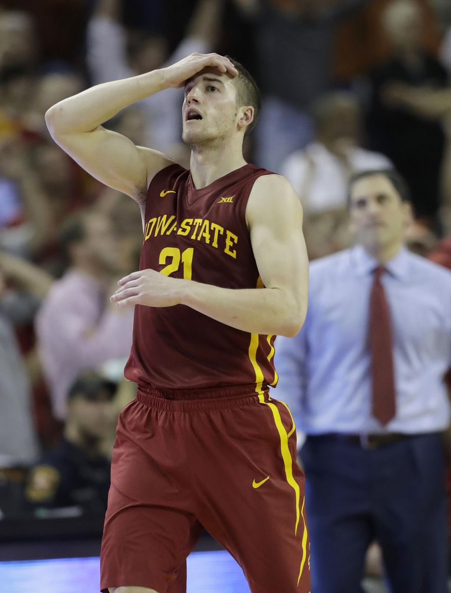 Iowa State guard Matt Thomas (21) reacts after he missed a shoot at the buzzer during the second half of an NCAA college basketball game against Texas, Tuesday, Feb. 7, 2017, in Texas, Texas. Texas won 67-65. (AP Photo/Eric Gay)