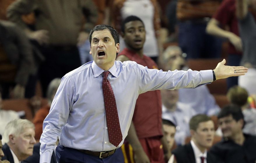 Iowa State head coach Steve Prohm argues a call during the second half of an NCAA college basketball game against Texas, Tuesday, Feb. 7, 2017, in Texas, Texas. Texas won 67-65. (AP Photo/Eric Gay)