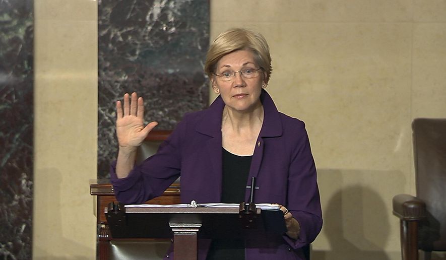 In this image from Senate Television, Sen. Elizabeth Warren, D-Mass., speaks on the floor of the U.S. Senate in Washington, Feb. 6, 2017, about the nomination of Betsy DeVos to be Education Secretary. The Senate will be in session around the clock this week as Republicans aim to confirm more of President Donald Trump&#x27;s Cabinet picks over Democratic opposition. (Senate TV via AP)