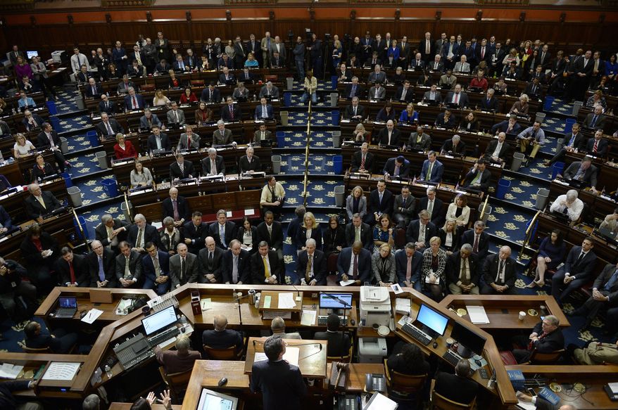 Connecticut Gov. Dannel P. Malloy delivers his budget address to members of the house and senate inside the Hall of the House at the state Capitol in Hartford, Conn., Wednesday, Feb. 8, 2017. (AP Photo/Jessica Hill)