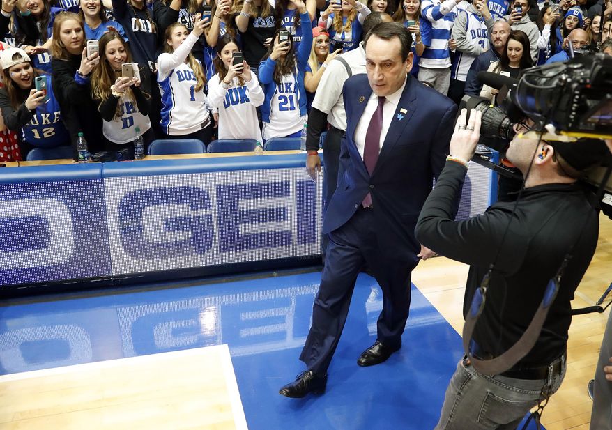 FILE - In this Saturday, Feb. 4, 2017, file photo, Duke head coach Mike Krzyzewski walks on to the court before an NCAA college basketball game against Pittsburgh in Durham, N.C. The drama seems to have finally stopped for No. 18 Duke. Maybe the struggles have, too, and that would be a critical step forward with top rival North Carolina up next. (AP Photo/Karl B DeBlaker, File)