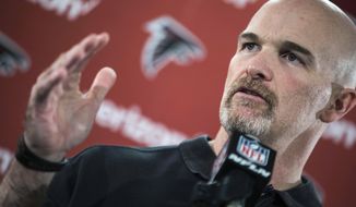 Atlanta Falcons head coach Dan Quinn speaks during a press conference at the team&#39;s practice facility, Tuesday, Feb. 7, 2017, in Flowery Branch, Ga. (Branden Camp /Atlanta Journal-Constitution via AP)