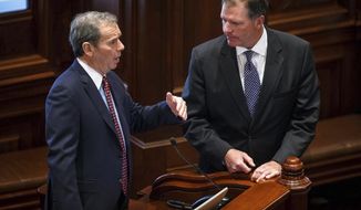 Illinois Senate President John Cullerton, D-Chicago, left, talks with State Sen. Bill Brady, R-Bloomington, after Senate Bill 11, the pension reform bill, failed by a vote of 18-29, with 10 present votes, on the Senate floor at the Illinois State Capitol, Wednesday, Feb. 8, 2017, in Springfield, Ill. The Illinois Senate&#39;s attempt Wednesday to bust open a longstanding budget stalemate did not bode well for ending the nation&#39;s longest state-budget drought since World War II. (Justin L. Fowler/The State Journal-Register via AP)