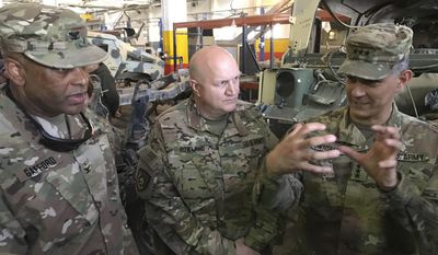 U.S. Army Lt. Gen. Stephen Townsend, right, talks with officers during a tour north of Baghdad, Iraq, Wednesday, Feb. 8, 2017. Forces fighting the Islamic State group should be able to retake the IS-held cities of Mosul in Iraq and Raqqa in Syria within the next six months, according to the top U.S. commander in Iraq. On a tour north of Baghdad Wednesday, Townsend said “within the next six months I think we’ll see both (the Mosul and Raqqa campaigns) conclude.”  (AP Photo/ Ali Abdul Hassan)