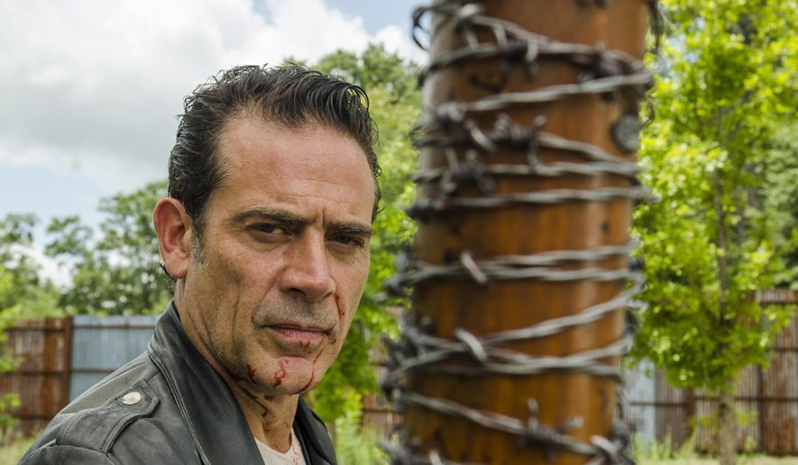 This image released by AMC shows Jeffrey Dean Morgan as Negan from the series, &amp;quot;The Walking Dead.&amp;quot; The popular zombie series makes its midseason return Sunday on AMC. (Gene Page/AMC via AP)