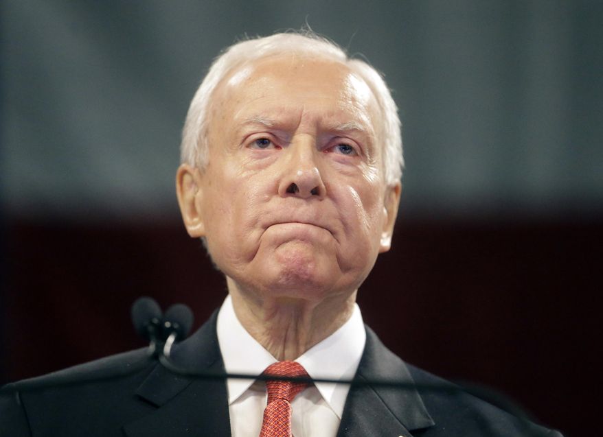 FILE - This April 23, 2016, file photo, Sen. Orrin Hatch, R-Utah, speaks during the Utah Republican Party 2016 convention, in Salt Lake City. After 40 years, one month and six days, Utah's Orrin Hatch has been honored as the longest-serving senator in U.S. history. As Senate Majority Leader Mitch McConnell marked the milestone for colleagues on Thursday, Feb. 9, 2017, he noted that it doesn't appear Hatch is slowing down anytime soon. The 82-year-old Hatch surpassed the late Sen. Ted Stevens of Alaska for longevity. (AP Photo/Rick Bowmer, File)