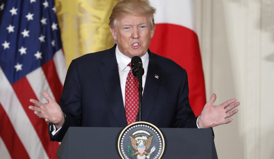 President Donald Trump speaks during a joint news conference with Japanese Prime Minister Shinzo Abe, Friday, Feb. 10, 2017, in the East Room of the White House in Washington. (AP Photo/Pablo Martinez Monsivais)