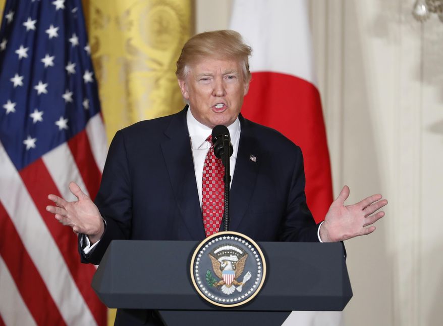 President Donald Trump speaks during a joint news conference with Japanese Prime Minister Shinzo Abe, Friday, Feb. 10, 2017, in the East Room of the White House in Washington. (AP Photo/Pablo Martinez Monsivais)