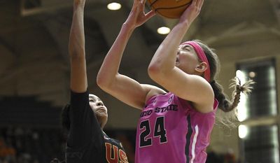 Oregon State guard Sydney Wiese (24) shoots over Southern California guard Courtney Jaco (10) during the first half of an NCAA college basketball game Friday, Feb. 10, 2017, in Corvallis, Ore. (Anibal Ortiz/Corvallis Gazette-Times via AP)